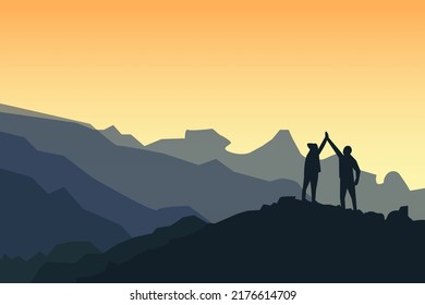 silhouette hiker success in mountains. climbers celebrate with hands up, help each other on top of mountain, sunset landscape. Teamwork concept