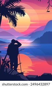 Silhouette hiker sunset scenic landscape tropical mountains lake vibrant colors palm trees reflection