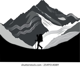 Silhouette of a Hiker Trekking in Mountain Landscape, Minimalist Black and White Illustration,
 Adventure Travel Concept, Nature Exploration, Outdoor Hiking Poster Design