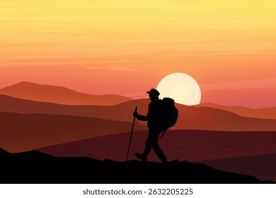 Silhouette of a Hiker Trekking Through Majestic Mountain Landscape During Vibrant Sunset with Layered Hills and Glowing Sky in the Background. Scenic Outdoor Adventure Illustration