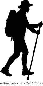 Silhouette Of A Hiker With Walking Stick - High Quality Vector Graphic