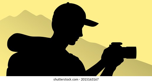 Silhouette hiking man with a camera on the background of wildlife. The beauty of the wild. Vector illustration