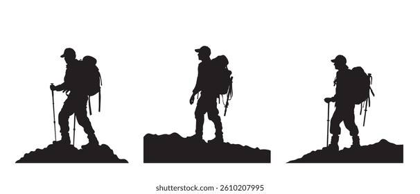  Silhouette of hiking man and woman vector illustration isolated on white background.