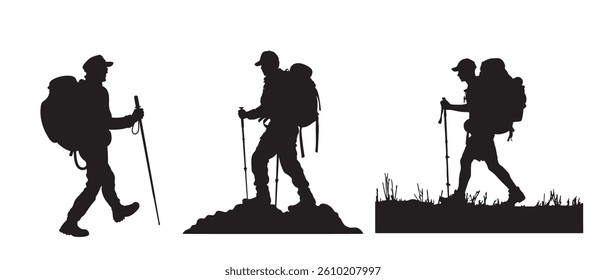  Silhouette of hiking man and woman vector illustration isolated on white background.