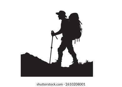  Silhouette of hiking man and woman vector illustration isolated on white background.