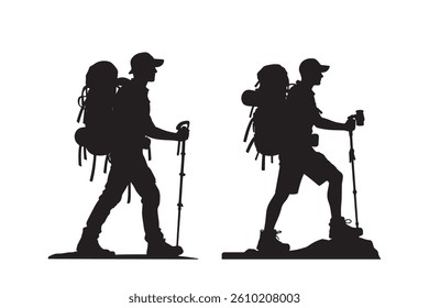  Silhouette of hiking man and woman vector illustration isolated on white background.
