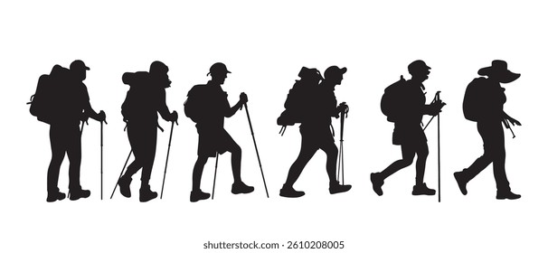  Silhouette of hiking man and woman vector illustration isolated on white background.