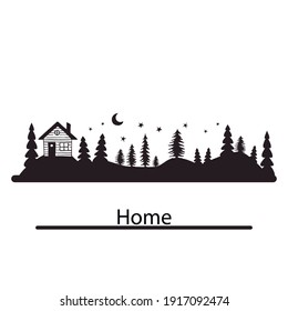 Silhouette hill countryside banner house on background mountains. Vector black white illustration. Cute house sunset in rocks isolated on white background.