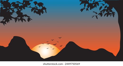 the silhouette of hills and trees at dusk with a very beautiful sun
