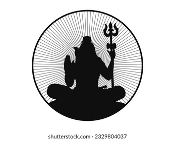 Silhouette of the Hindu god Shiva in a circle with radiance. Single color vector icon.	