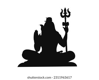 Silhouette of the Hindu god Shiva sitting in a lotus position with a trident Trishul and blessing gesture.