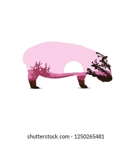 Silhouette of hippo with african landscape. Sunset. Violet and pink tones.