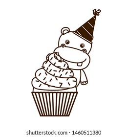 silhouette of hippo with cake of happy birthday