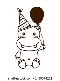 silhouette of hippo with party hat on white background