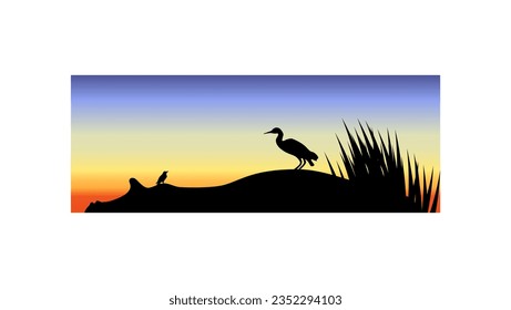 Silhouette of hippopotamus and birds. high quality vector
