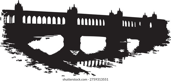 Silhouette of a historic bridge with arches spanning a river at dusk