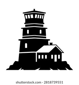 Silhouette of a historic lighthouse tower with an adjacent building, set against a plain background, emphasizing architectural details and structure.