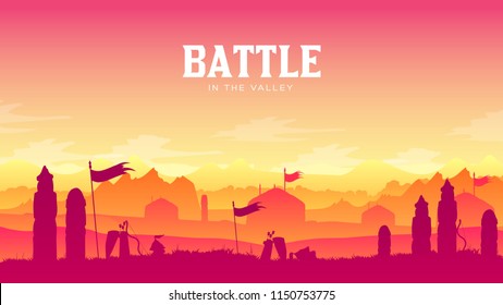 Silhouette Historical Battlefield At Sunset Design. Military Silhouettes Fighting Scene On War Landscape Background. Medieval Battle Scattered Arms And Armor Around The Field 