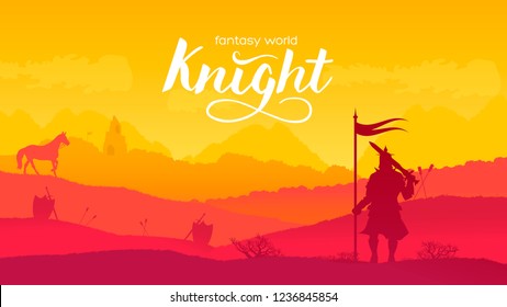 Silhouette Historical Battlefield At Sunset Design. Military Silhouettes Fighting Scene On War Landscape Background. Medieval Battle Scattered Arms And Armor Around The Field