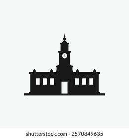 Silhouette of a historical government building with a clock tower.