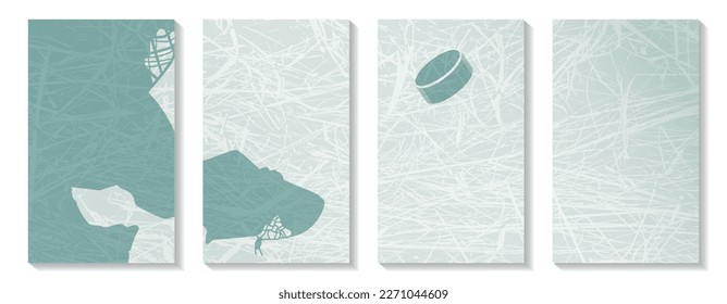 Silhouette of a hockey goalie catching the puck on a blue ice background. Sports illustration. Trendy set of minimalistic hockey covers. Minimal sports wall art. Lifestyle design for social media.