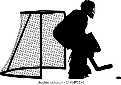 Silhouette of hockey goalkeeper on white background
