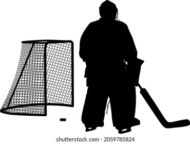 Silhouette of hockey goalkeeper on white background.