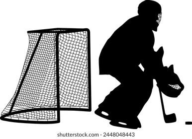 Silhouette of hockey goalkeeper on white background.