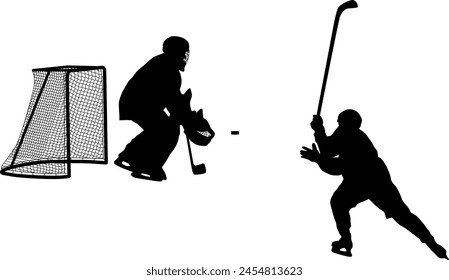 Silhouette of hockey goalkeeper on white background.