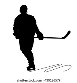 Silhouette of a hockey player. Black silhouette on a white background. Vector illustration.