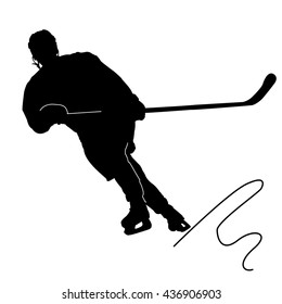 Silhouette of a hockey player. Black silhouette on a white background. Vector illustration.