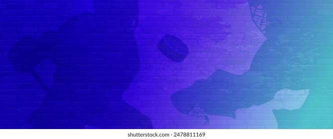 Silhouette of a hockey player and goalie catching the puck a stick close-up on abstract texture background. Rich ultraviolet color. Pink glow. Brick wall with grunge texture. 