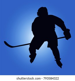 Silhouette of hockey player. Isolated on blue background. Vector illustrations