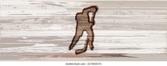 Silhouette of a hockey player in motion on a rectangular background with a wood texture in light gray-brown shades for text placement. Isolated element with wood burning effect.