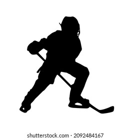 Silhouette of a hockey player with a stick in an attack. Active action of a hockey player in the game. Dynamic illustration in motion. Isolated element. 
