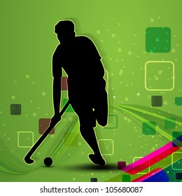 Silhouette of a hockey player with hockey stick and ball on colorful green abstract wave background. EPS 10.