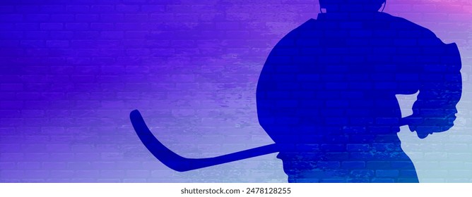 Silhouette of a hockey player with a stick close-up. Abstract background texture rich ultraviolet color. Sports illustration with brick wall texture. Space for logos, messages, text placement.