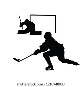 Silhouette of hockey player  with stick and a washer isolated on white. Vector