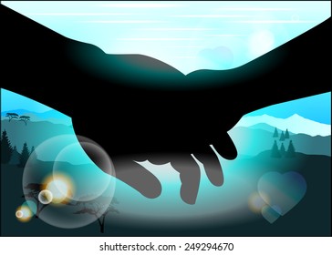 Silhouette holding hands against the backdrop of the picturesque landscape and the sun's rays.