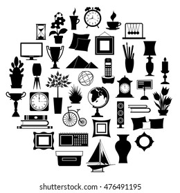 Silhouette Of Home Decor. Set Of Accessories, Icons And Souvenirs Isolated On White Background. Vector Illustration. Elements Of Interior Design.