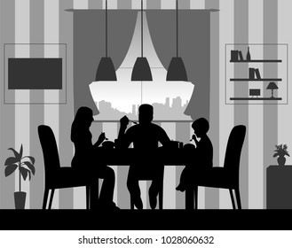 Silhouette Of A Home Scene Were A Family Enjoy Their Lunch Or Dinner, One In The Series Of Similar Images