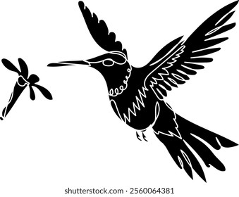 Silhouette of a honey-eating bird on a flower plant