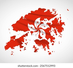 Silhouette of Hong Kong map filled with the regional flag design, symbolizing cultural pride, unique identity, and geographic significance.  
