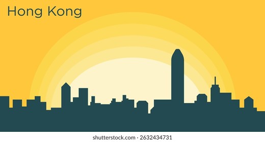 silhouette of the Hong Kong skyline against the backdrop of the Big Yellow Sunset. The setting sun creates a gradient from bright yellow to orange.