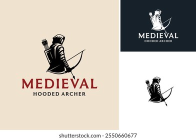 Silhouette of Hooded Medieval Archer Archery Warrior standing gallantly with bow and arrow on his hand for Empire War Game logo design