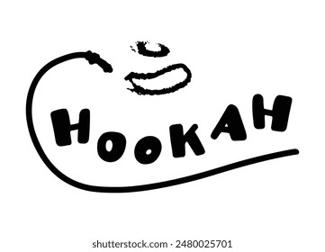 Silueta de pipas de narguile. Elementos de equipo de bar. Producto de relajación. Anillos de Smoke. Ilustración vectorial. Letras manuscritas. Inscripción hookah en estilo de dibujos animados