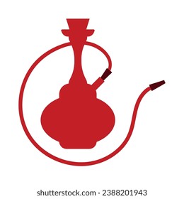 Silhouette of Hookah in red color, in flat style, hookah smoking concept. Vector illustration. Logo, icon for hookah bars