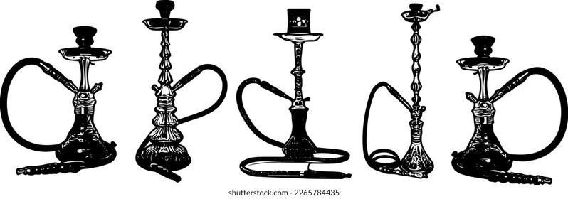 Silhouette of hookah set, sketch drawing illustration for hookah set, Elegant Pipes: Creative Expressions of the Hookah Set in Sketch and Silhouettes