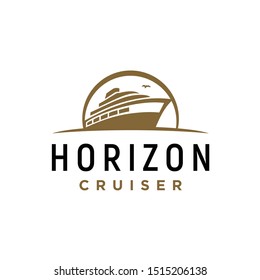 Silhouette Horizon Sailing Carnival Cruiser Ship Boat Yacht on Sea Ocean Logo design