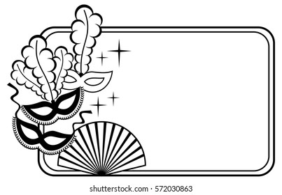 Silhouette  horizontal frame with carnival masks. Copy space. Vector clip art.